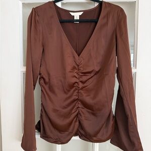 H&M Chocolate Brown Ruched V-Neck Blouse